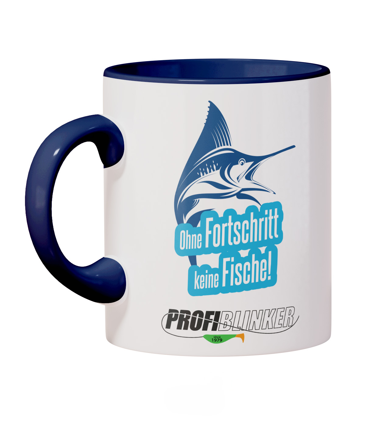 ProfiBlinker Kaffeepott Keramik dunkelblau - Motiv ''Ohne Fortschritt keine Fische'' 