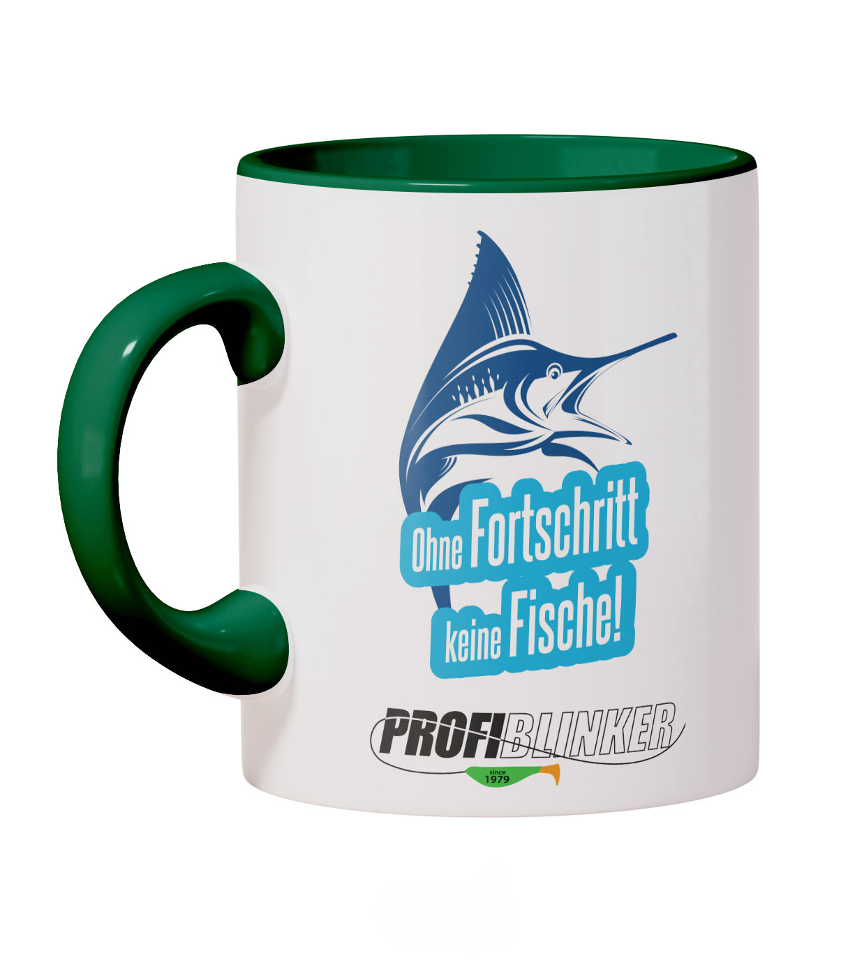 ProfiBlinker Kaffeepott Keramik dunkelgrün - Motiv ''Ohne Fortschritt keine Fische'' 