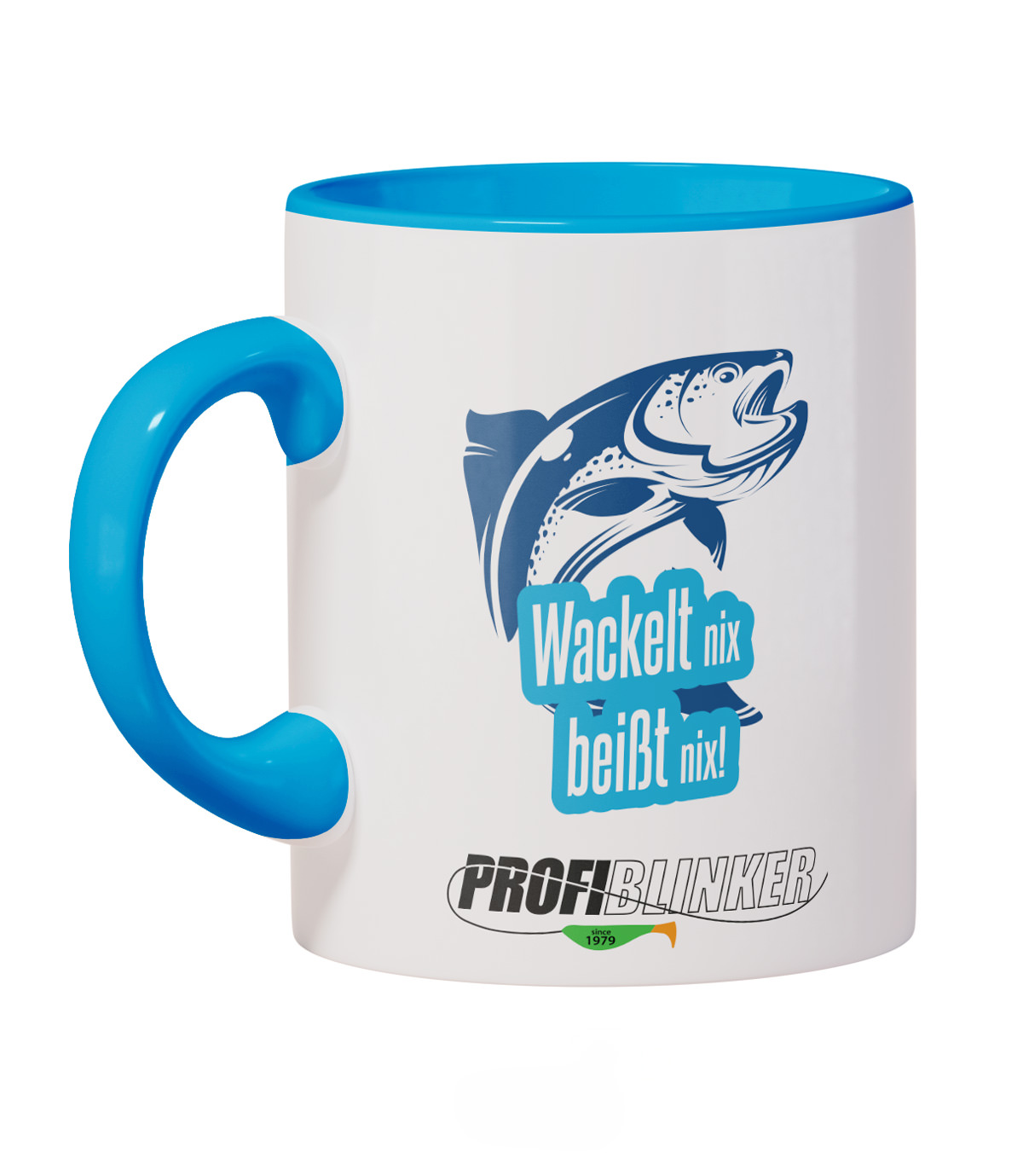 ProfiBlinker Kaffeepott Keramik hellblau - Motiv ''Wackelt nix beißt nix''  ProfiBlinker Kaffeepott Keramik hellblau - Motiv ''Wackelt nix beißt nix''