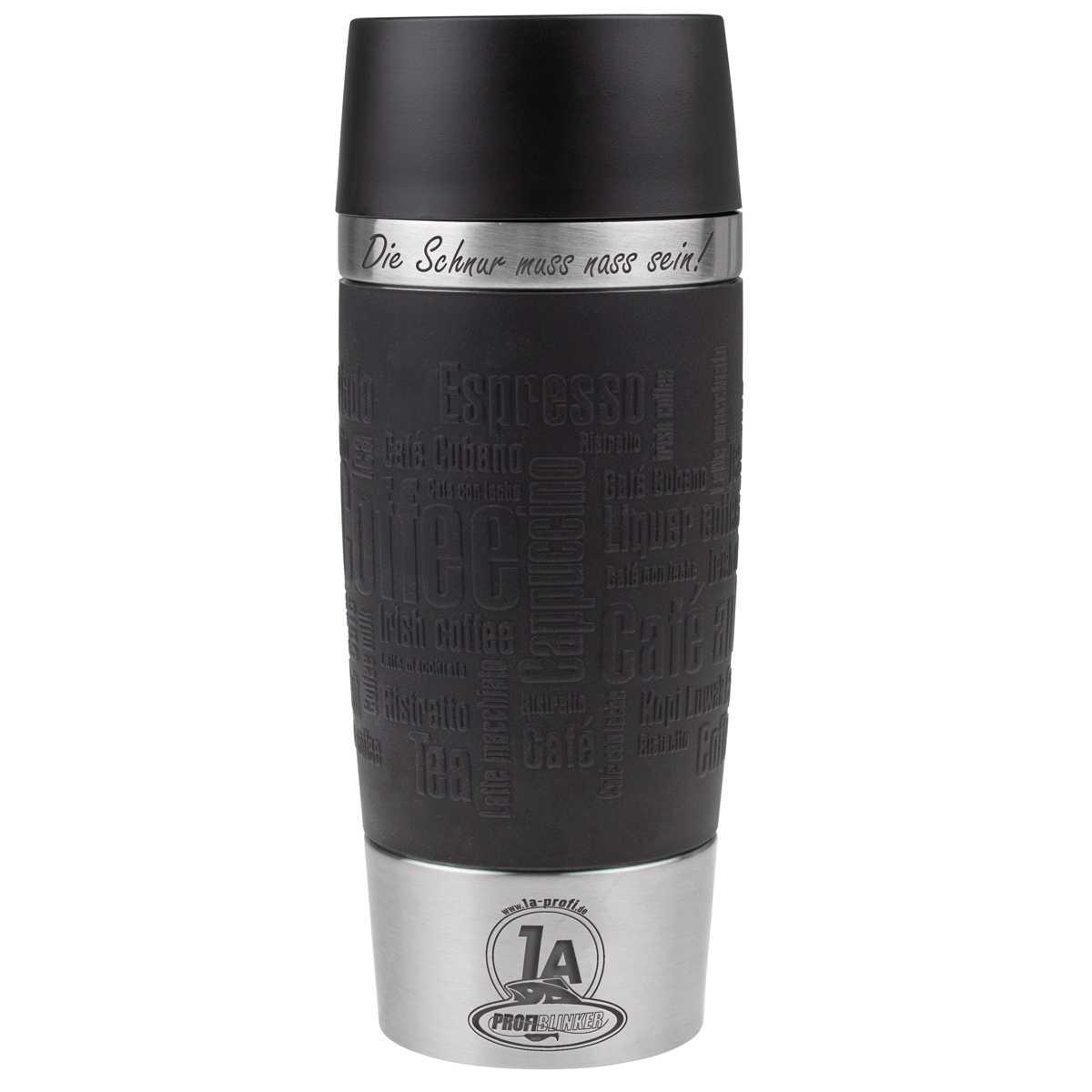 ProfiBlinker Thermobecher Emsa Travel Mug 360ml schwarz mit Gravur Motiv ''Die Schnur muss nass sein!''