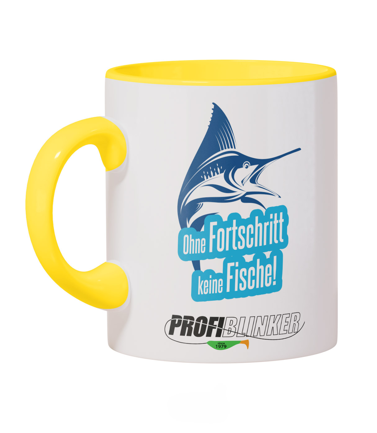 ProfiBlinker Kaffeepott Keramik gelb - Motiv ''Ohne Fortschritt keine Fische''  ProfiBlinker Kaffeepott Keramik gelb - Motiv ''Ohne Fortschritt keine Fische''