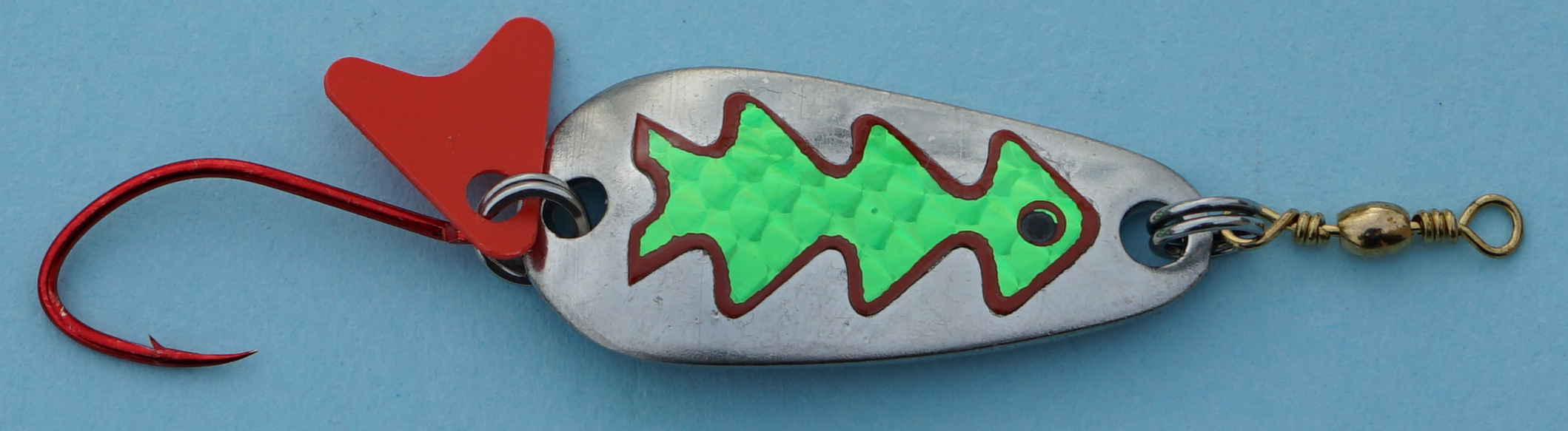 Profi-Spoon aus V2A-Edelstahl mit roten Einzelhaken / Silber mit Reflex-Folie / Grün-Metallic-Dekor / Größe A / 5g / 35mm