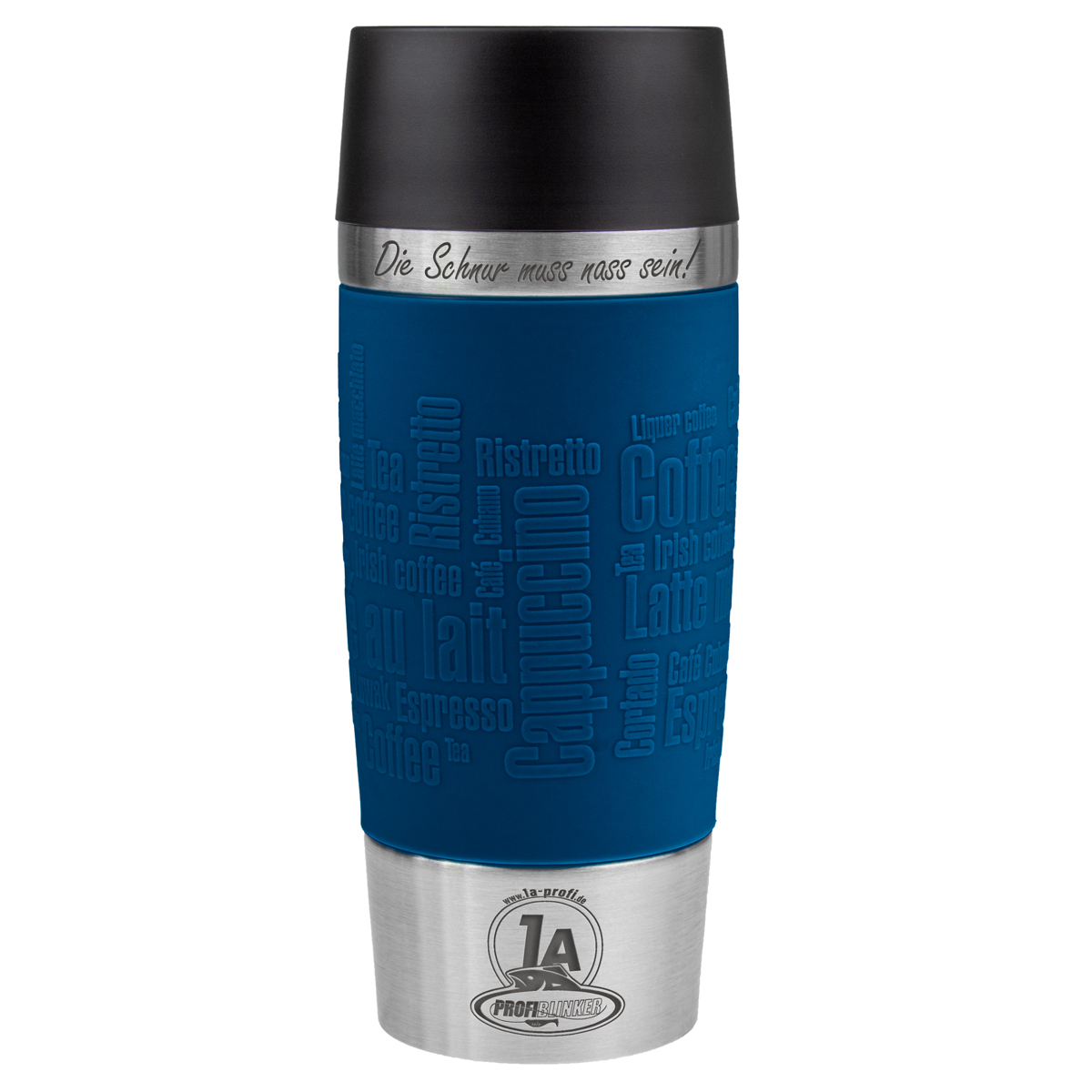 ProfiBlinker Thermobecher Emsa Travel Mug 360ml blau mit Gravur Motiv ''Die Schnur muss nass sein!''