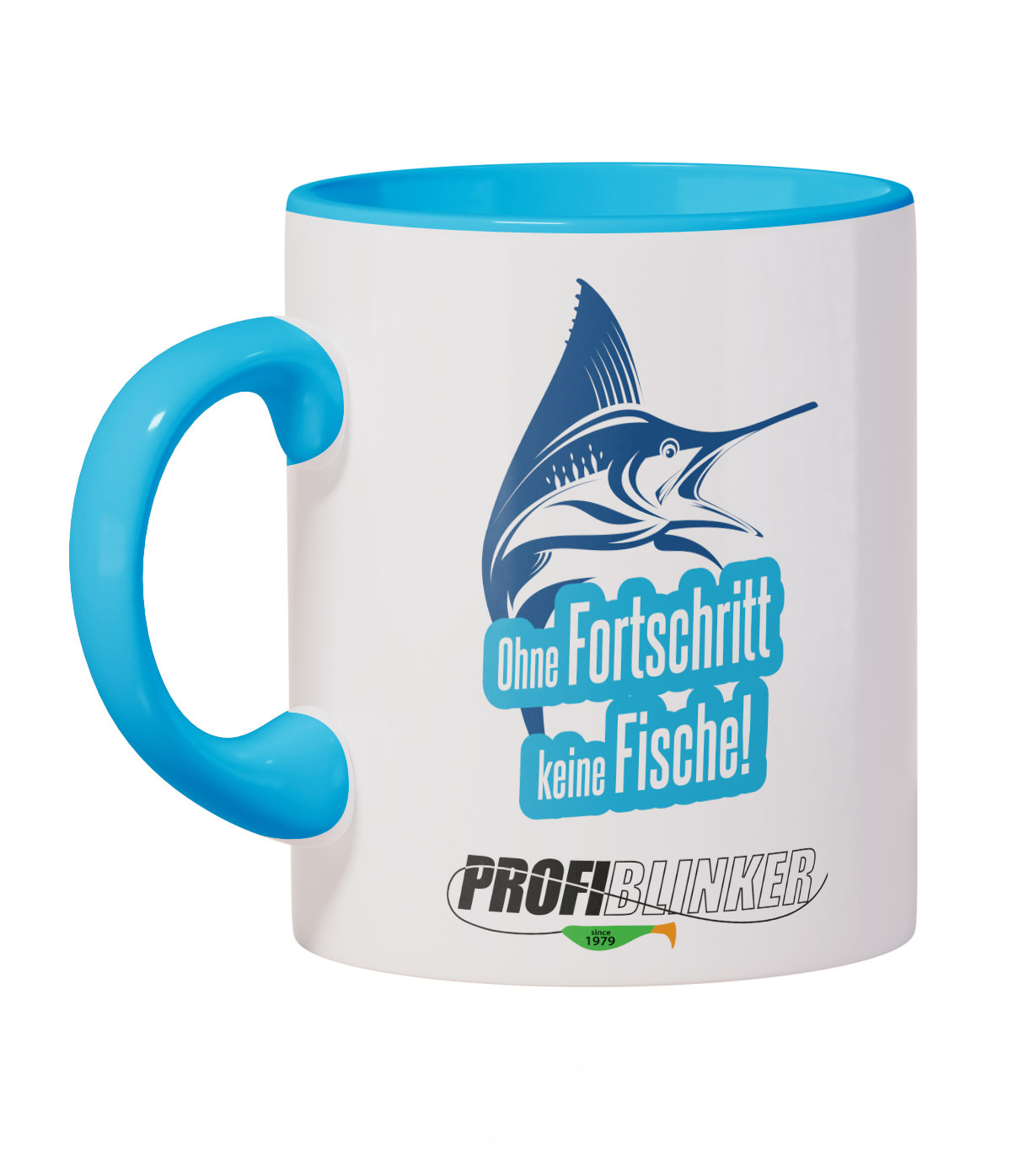 ProfiBlinker Kaffeepott Keramik hellblau - Motiv ''Ohne Fortschritt keine Fische'' 