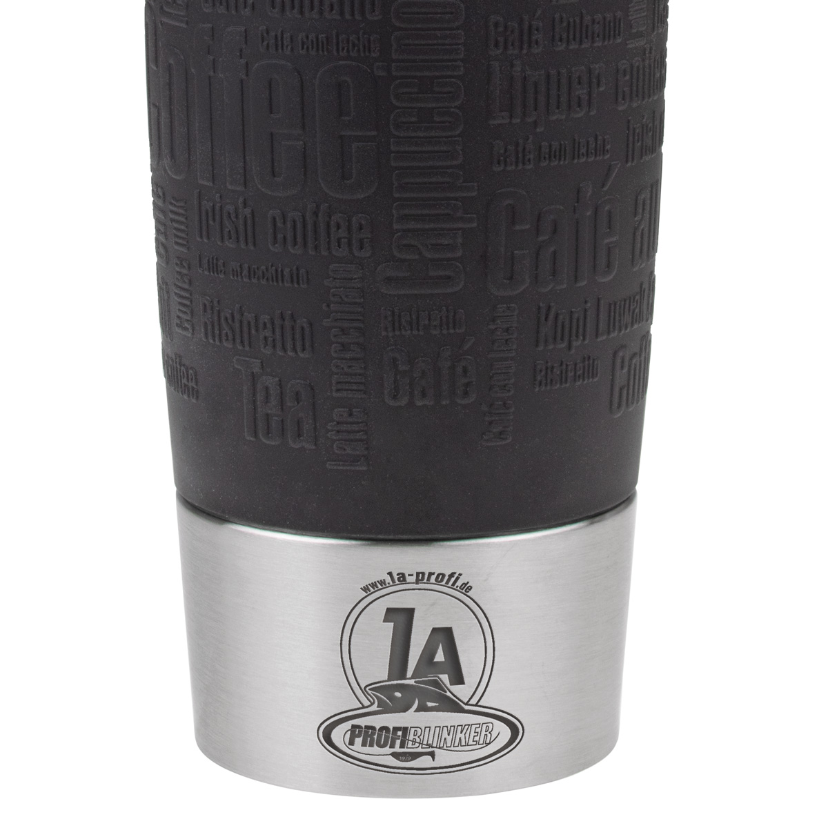 ProfiBlinker Thermobecher Emsa Travel Mug 360ml schwarz mit Gravur Motiv ''Ohne Fortschritt keine Fische!''