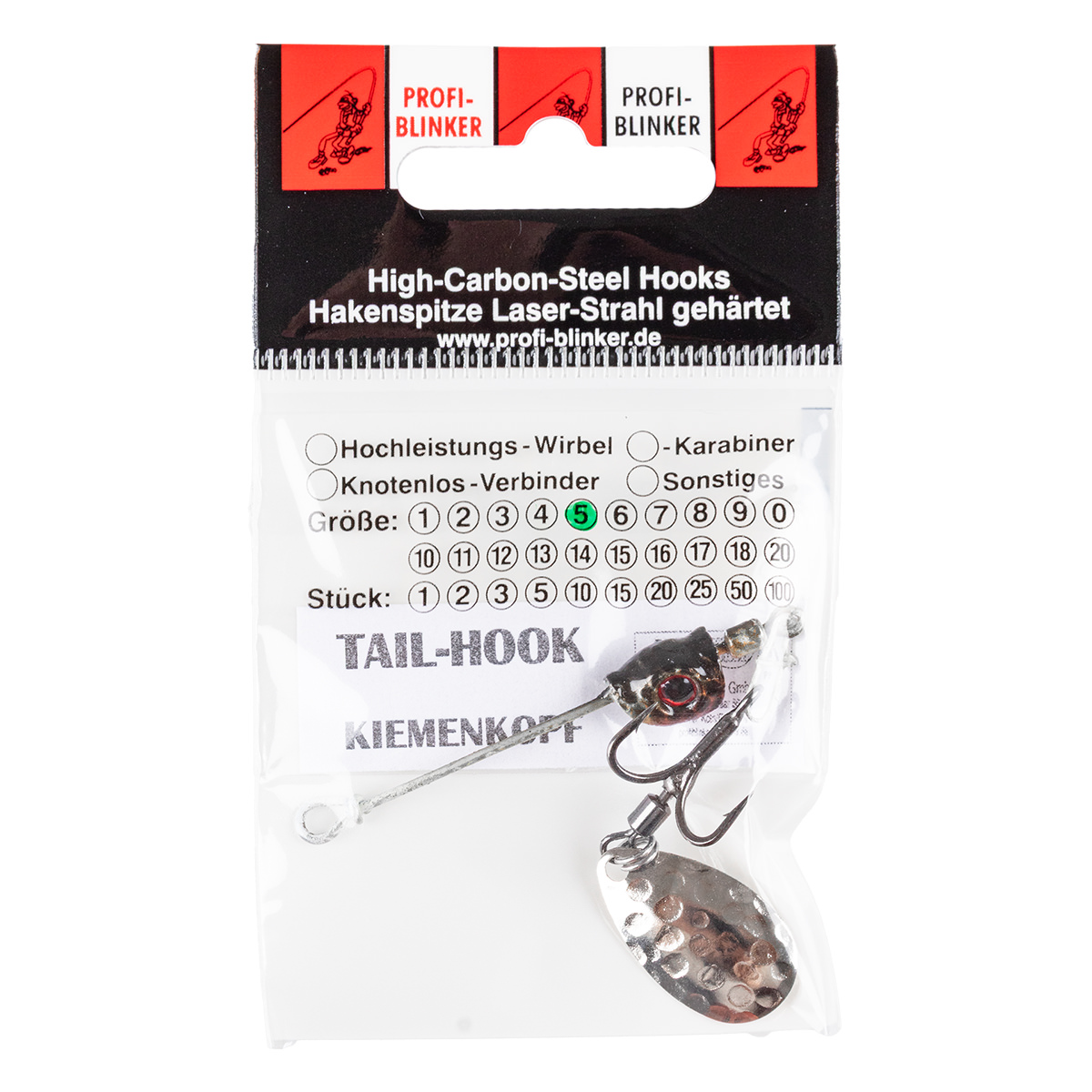 ProfiBlinker Tail-Hook Kiemenkopf Firetiger 5 g / Wirbel-Drilling Titan mit Splintring / Spinnerblatt Tropfen Silber-Gehämmert / 1 Stück