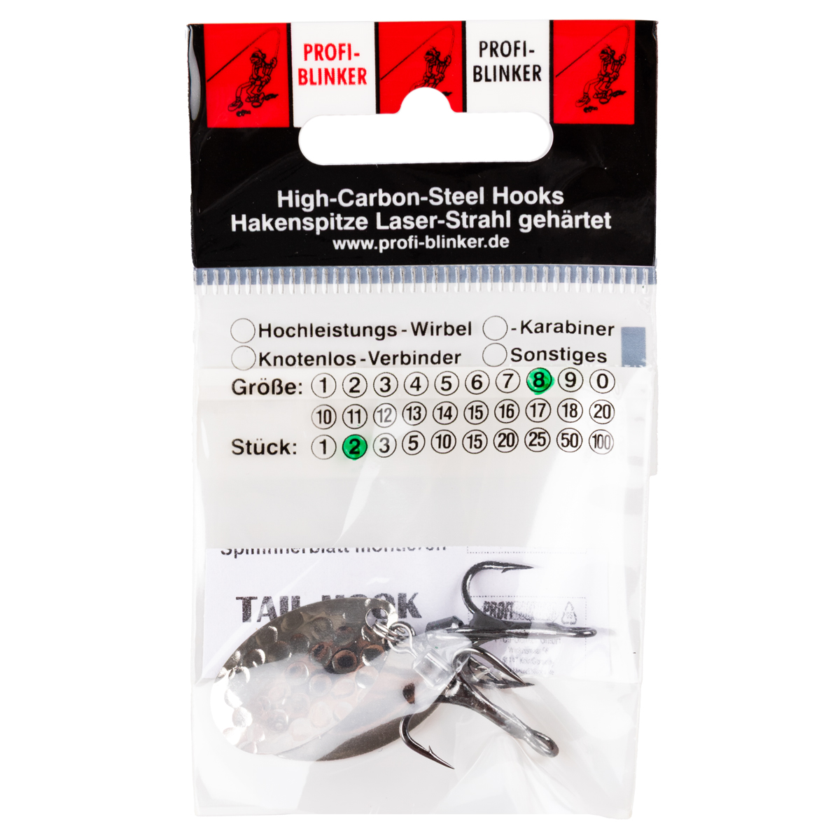 ProfiBlinker Tail-Hook Drilling xx-strong / Titan / Größe 8 / Edelstahl-Splintring & Spinnerblatt Tropfen Silber-Gehämmert / 2er Pack