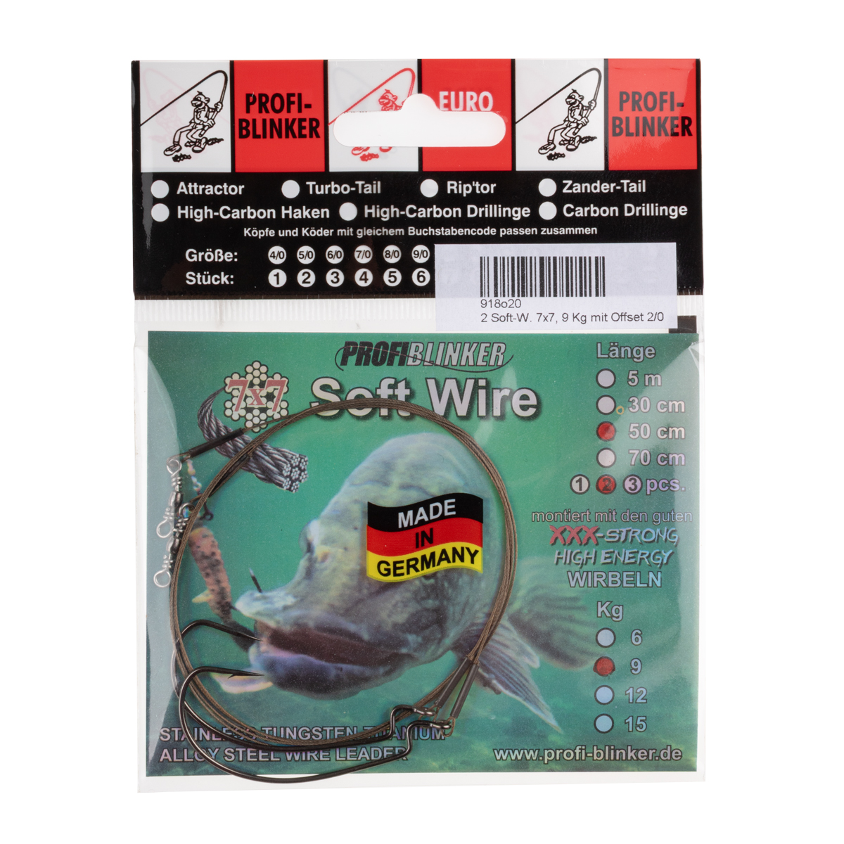 ProfiBlinker Soft-Wire Montage 7x7 mit Offset Haken Größe 2/0 / 50cm / Tragkraft 9kg / 2er Pack