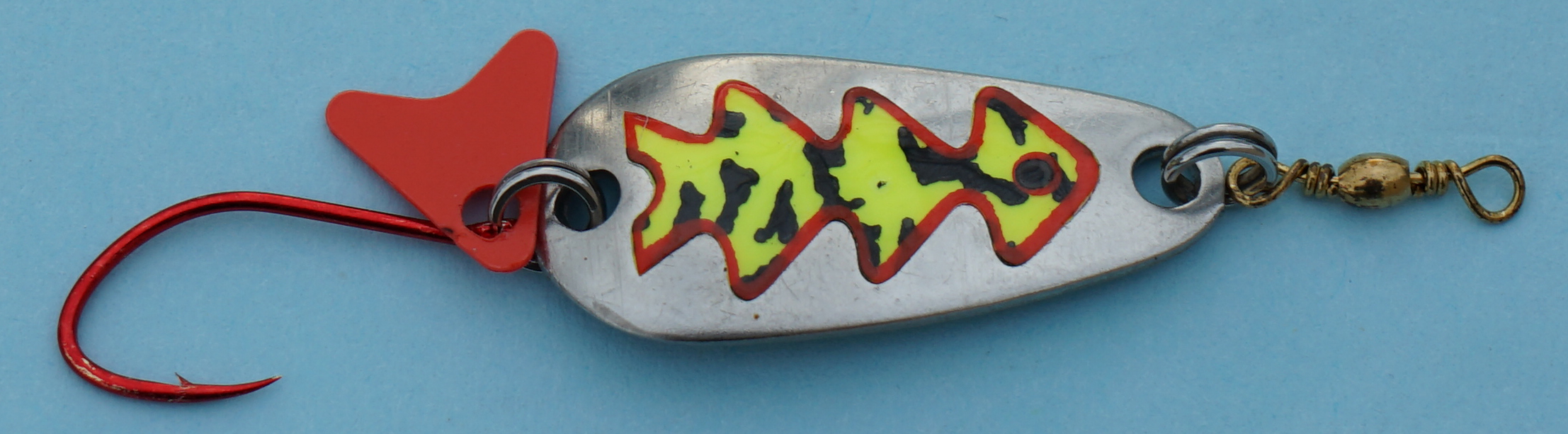 Profi-Spoon aus V2A-Edelstahl mit roten Einzelhaken / Silber mit Reflex-Folie / Gelb-Getigert-Dekor / Größe A / 5g / 35mm