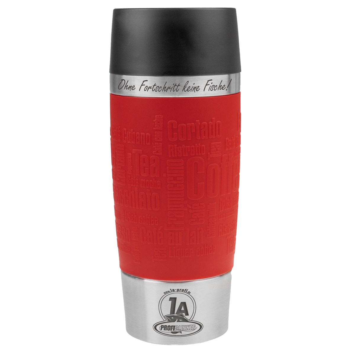 ProfiBlinker Thermobecher Emsa Travel Mug 360ml rot mit Gravur Motiv ''Ohne Fortschritt keine Fische!''
