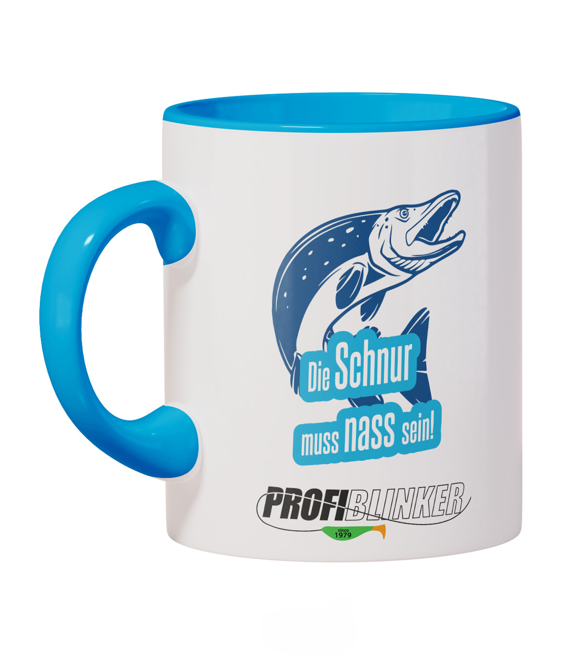 ProfiBlinker Kaffeepott Keramik hellblau - Motiv ''Die Schnur muss nass sein''  ProfiBlinker Kaffeepott Keramik hellblau - Motiv ''Die Schnur muss nass sein''