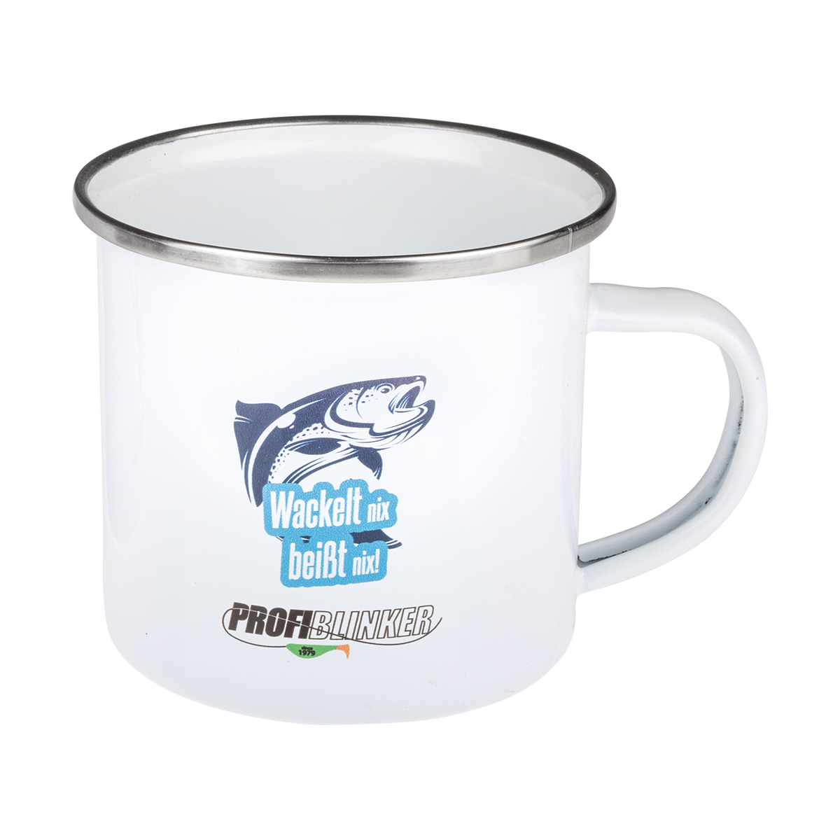 ProfiBlinker Kaffeepott Emaille weiß - Motiv "Wackelt nix beißt nix" 