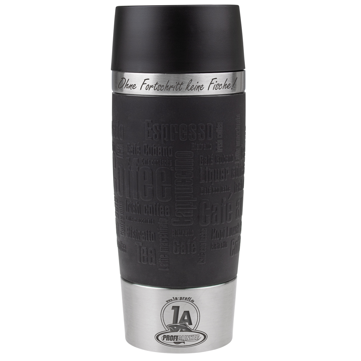 ProfiBlinker Thermobecher Emsa Travel Mug 360ml schwarz mit Gravur Motiv ''Ohne Fortschritt keine Fische!''