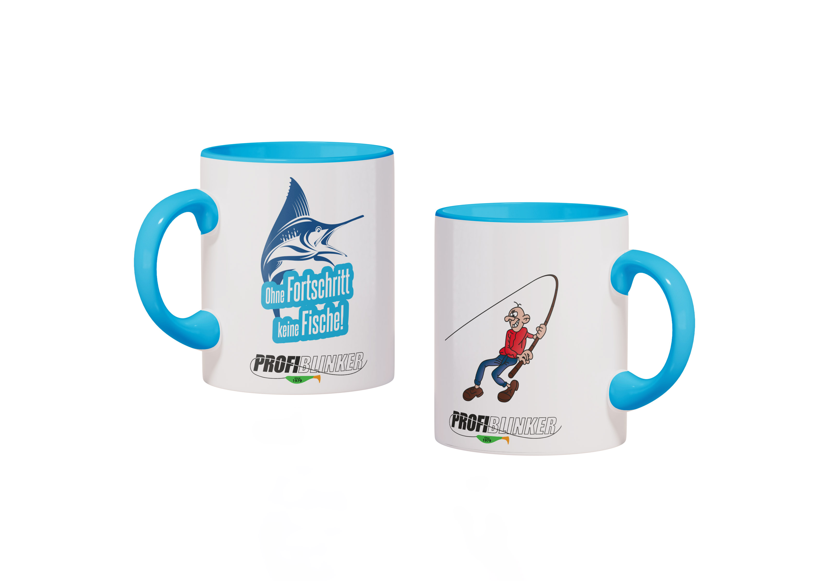 ProfiBlinker Kaffeepott Keramik hellblau - Motiv ''Ohne Fortschritt keine Fische'' 